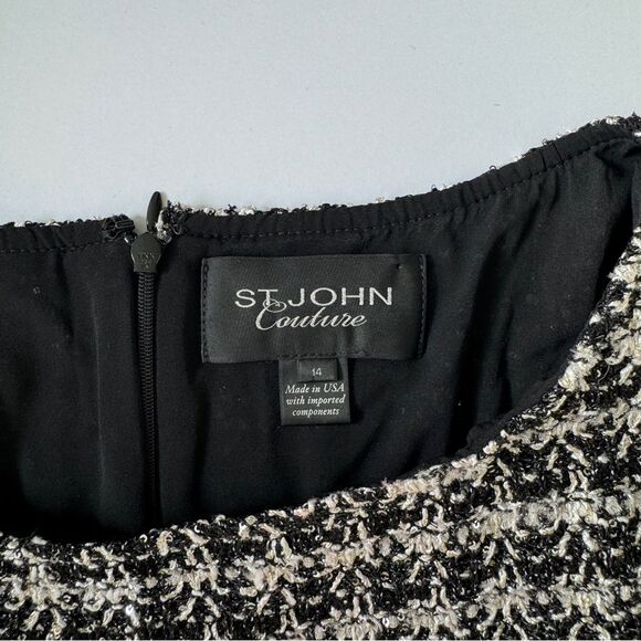 St. John Couture Black Silver Metallic Plaid Tweed Ruffle Bell Sleeve Size 14 - Picture 3 of 7